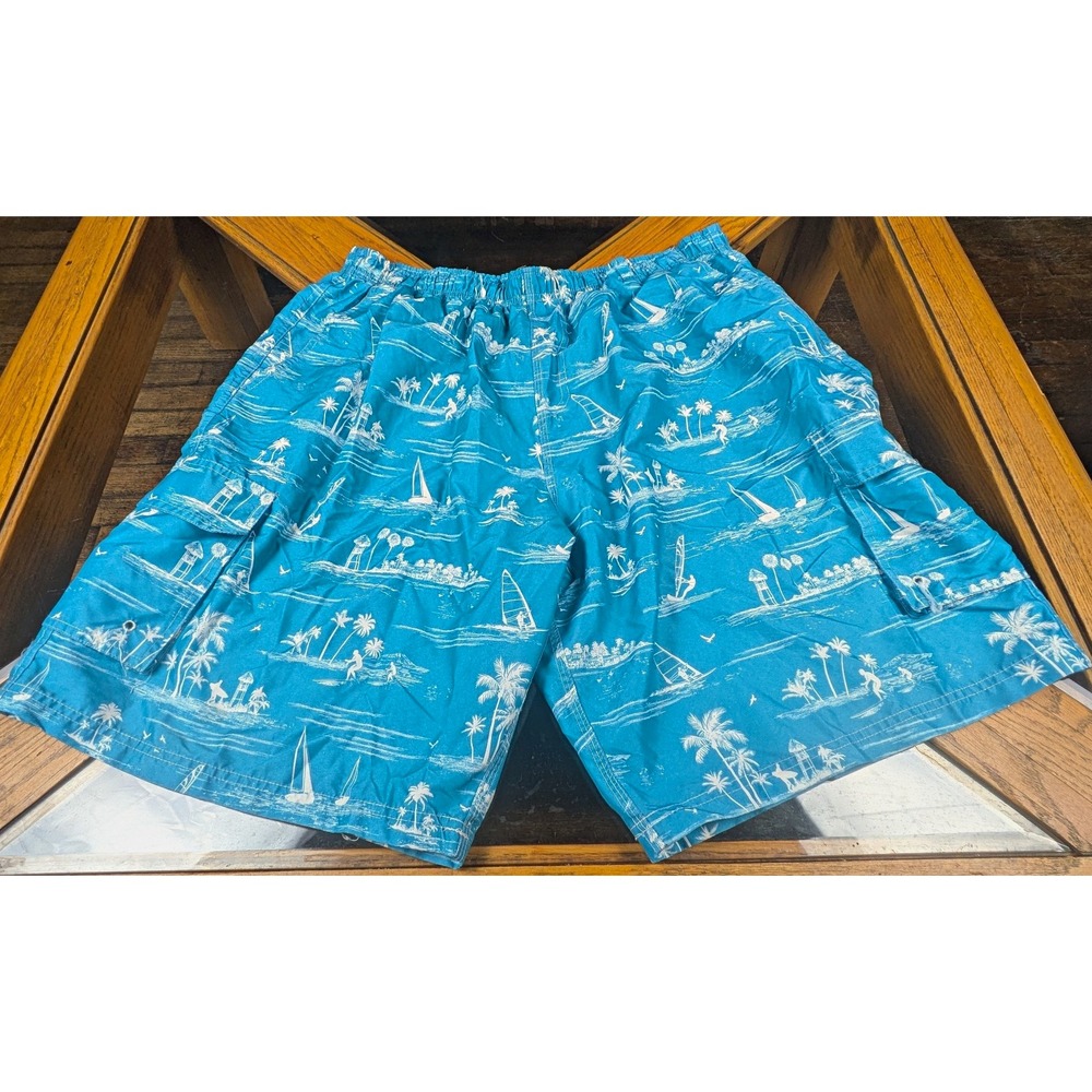 RS Surf Men's XL Blue/White Beach Print Swim Short Elastic Waist  Missing String